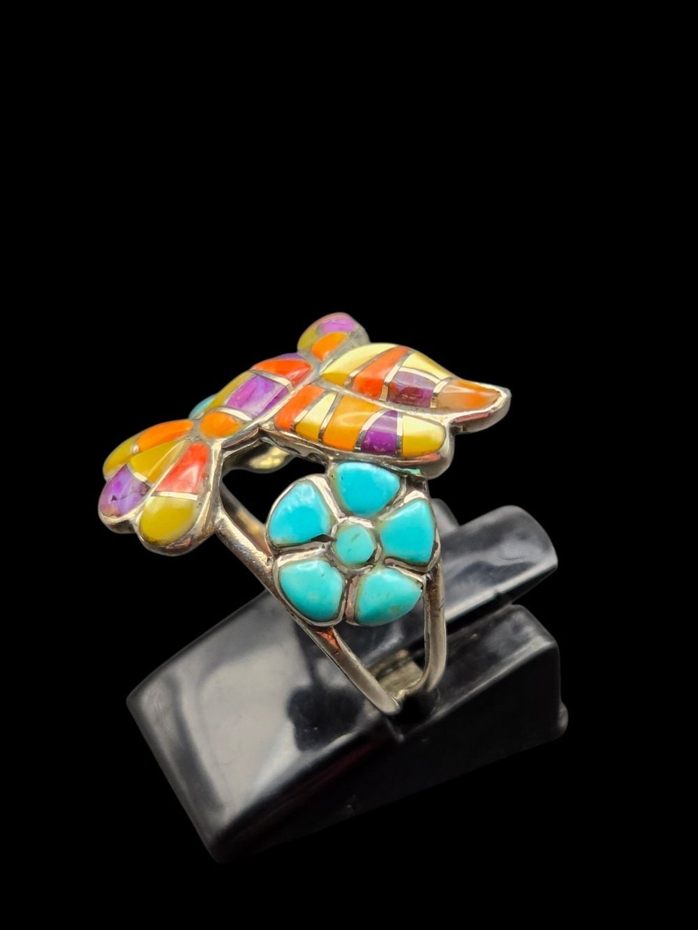 Sterling Silver Spiny Oyster & Turquoise Floral Ring, Size 7 - Picture 3 of 5